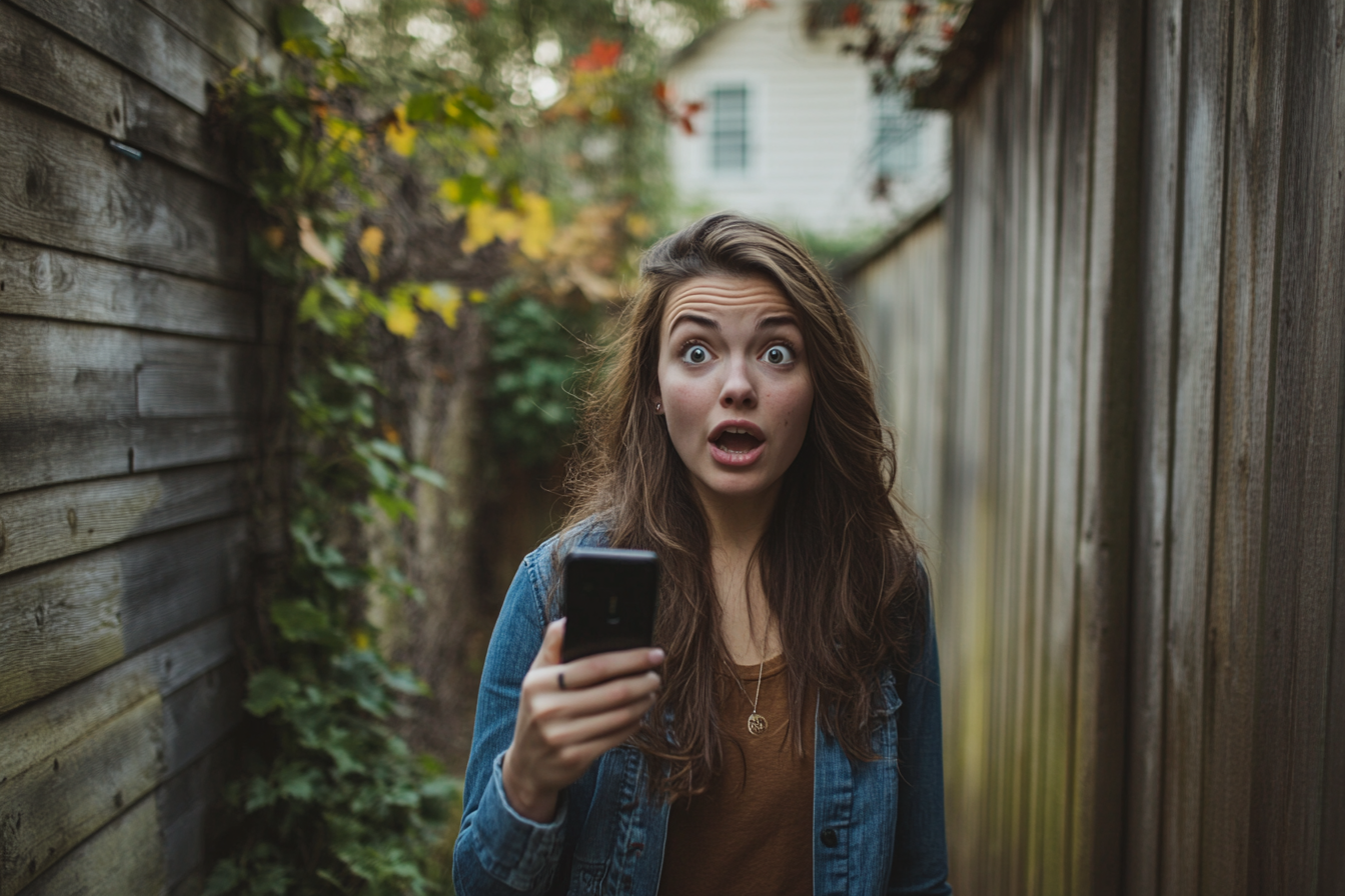 Una mujer sorprendida sosteniendo un teléfono | Fuente: Midjourney