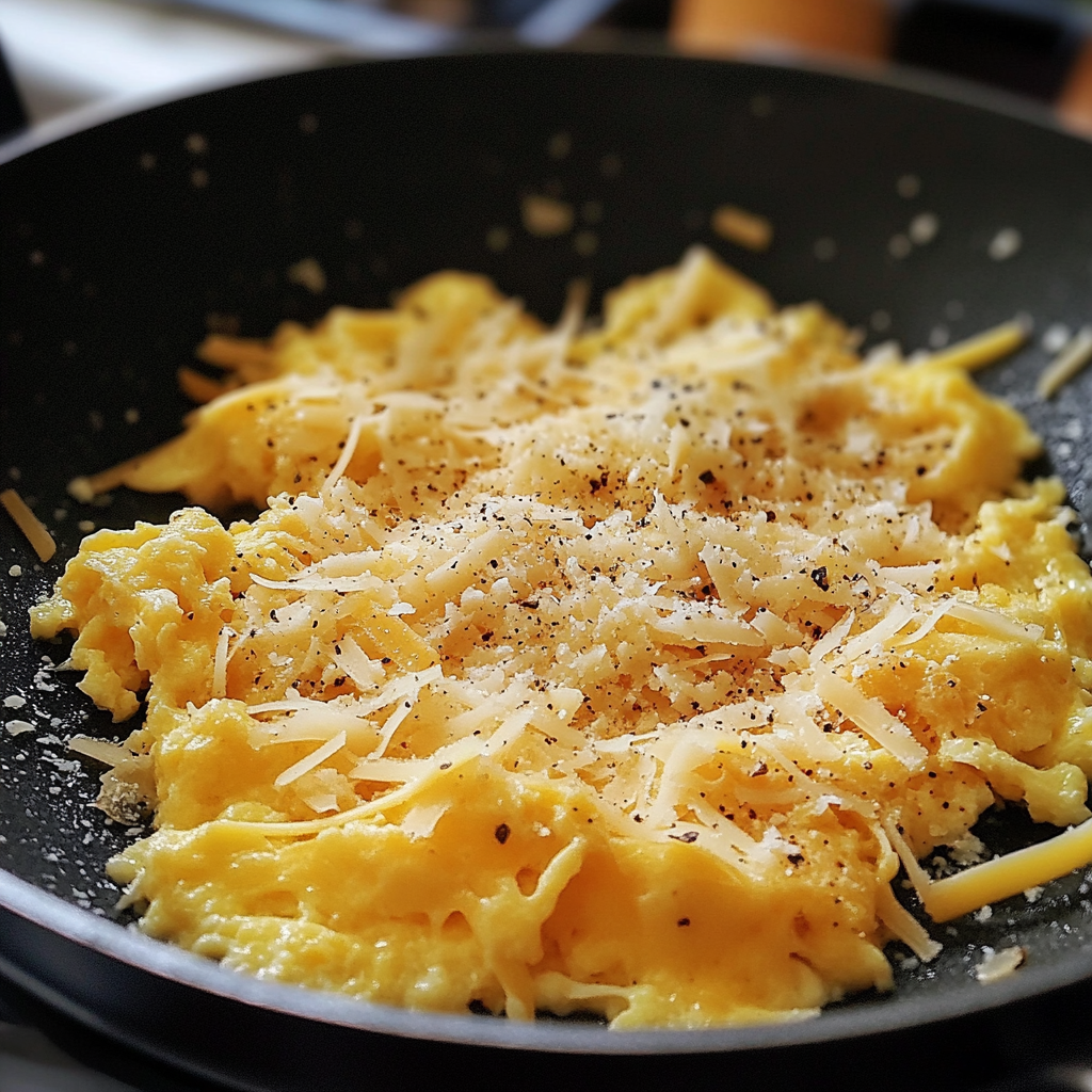 Scrambled eggs with cheese in a pan | Source: Midjourney