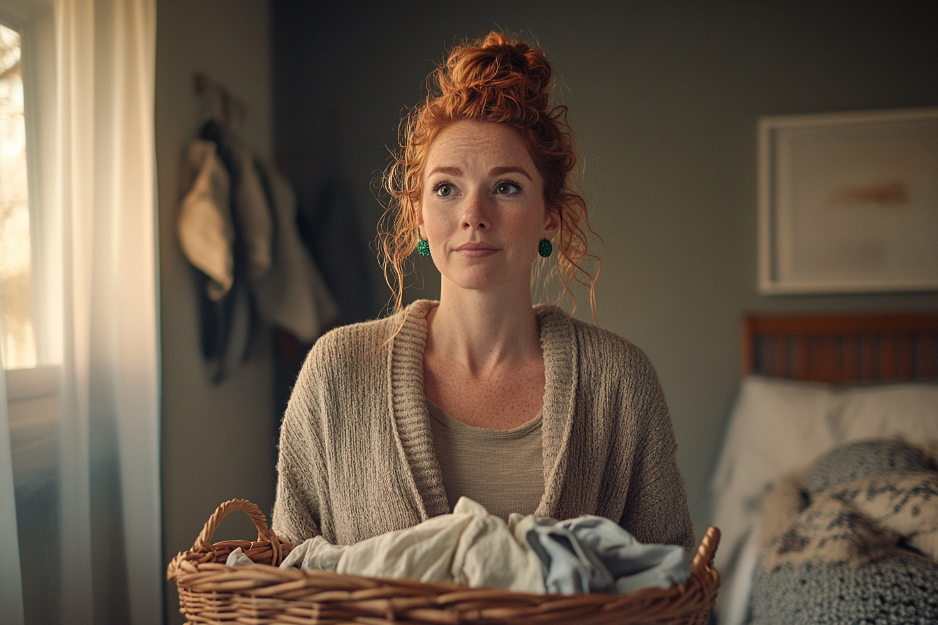 Woman in her 30s holding a dirty clothes basket while standing in a bedroom | Source: Midjourney