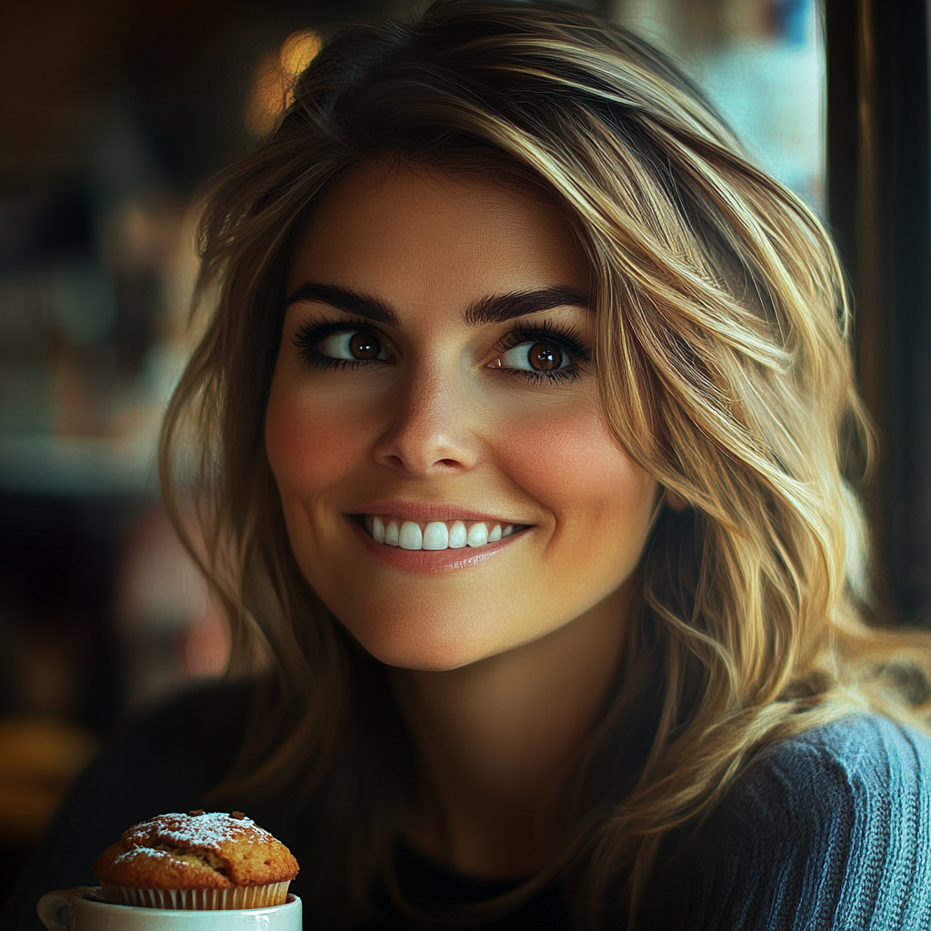 A smiling woman having a muffin in a café | Source: Midjourney