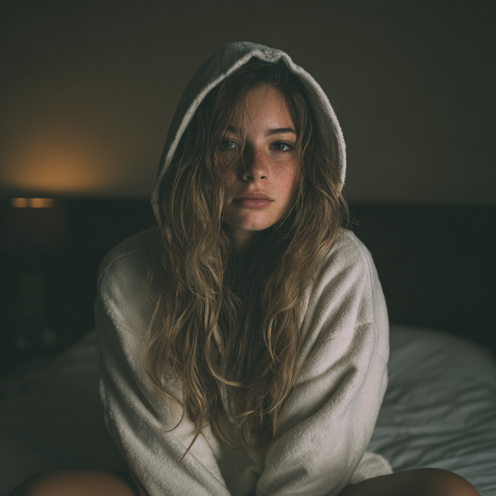 An upset woman sitting on a bed | Source: Midjourney