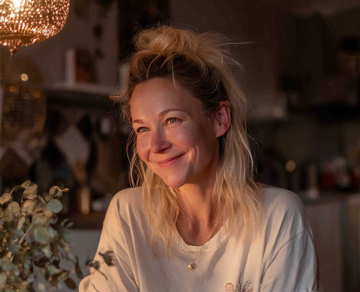 A smiling woman sitting at a dining table | Source: Midjourney