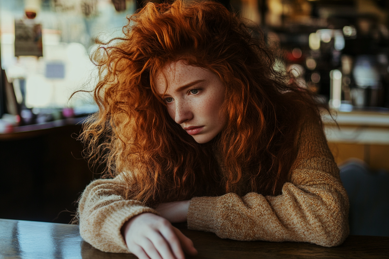 A red-haired woman reaches her hand across a table in a coffee shop looking sad | Source: Midjourney