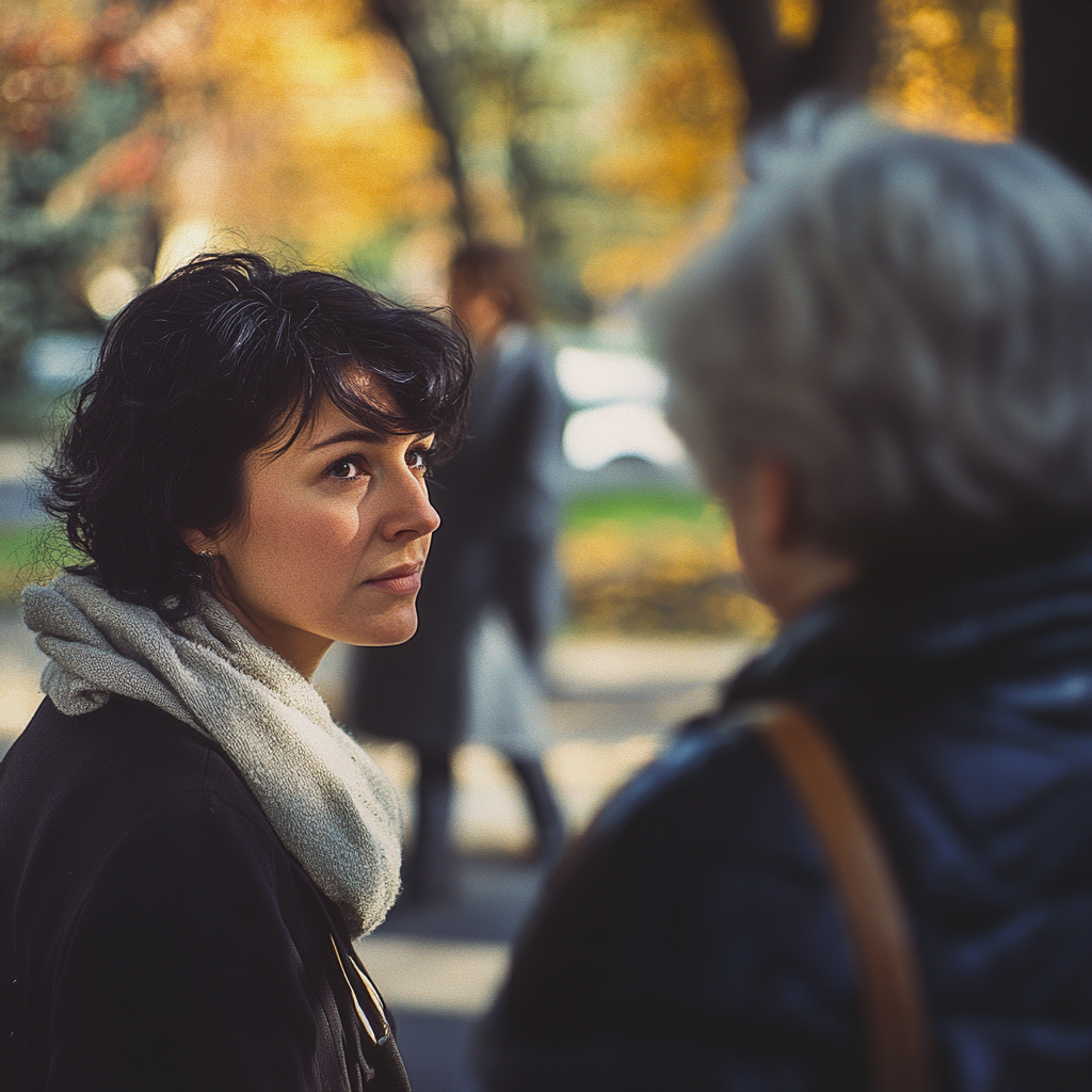 Woman in the park staring at a senior woman | Source: Midjourney