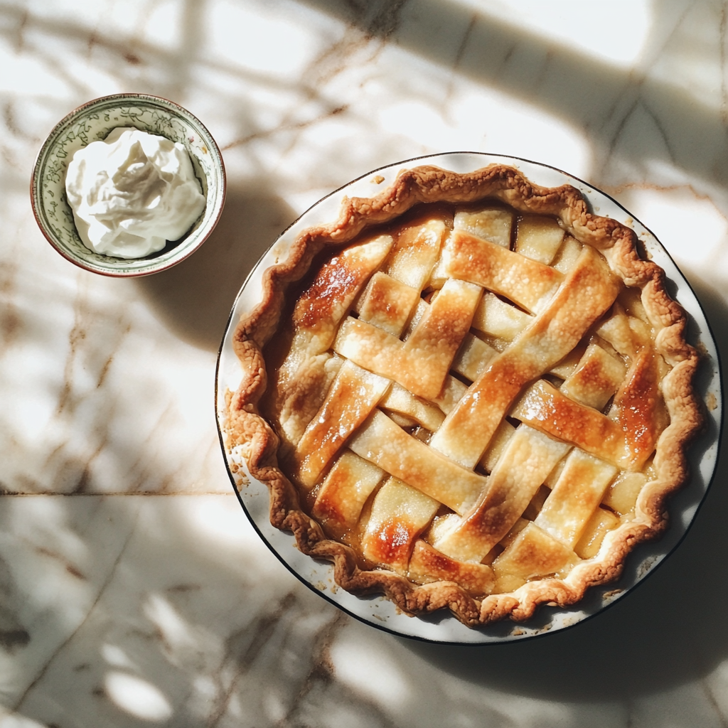 An apple pie on a table | Source: Midjourney