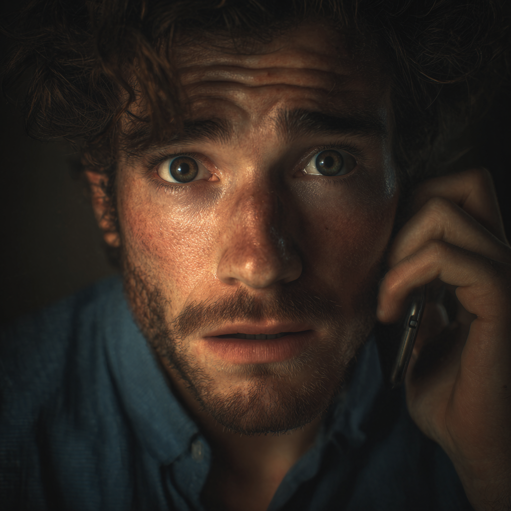 A stunned man holding his phone against his ear | Source: Midjourney