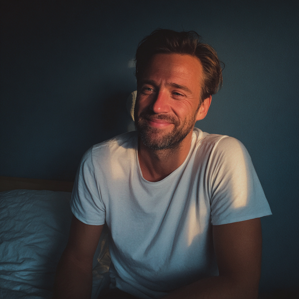 A smiling man sitting on a bed | Source: Midjourney