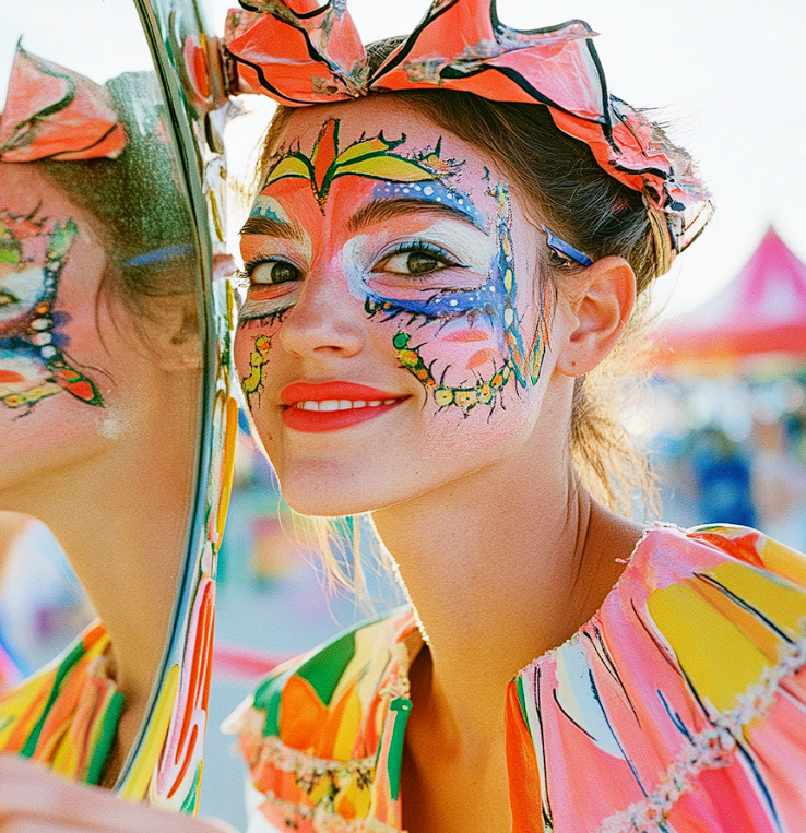 A smiling carnival performer checking her face paint in a mirror | Source: Midjourney