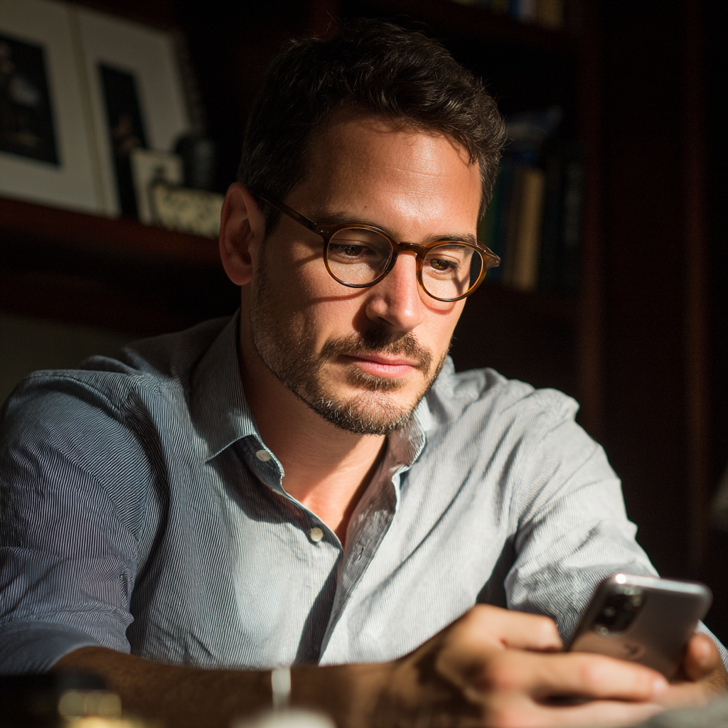 A man sitting at his desk and using his phone | Source: Midjourney