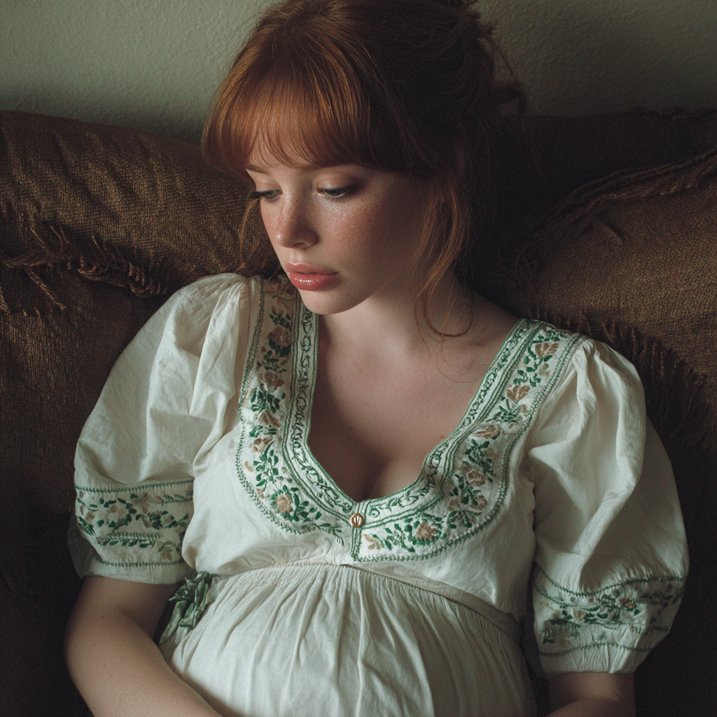 An upset woman sitting on a couch | Source: Midjourney
