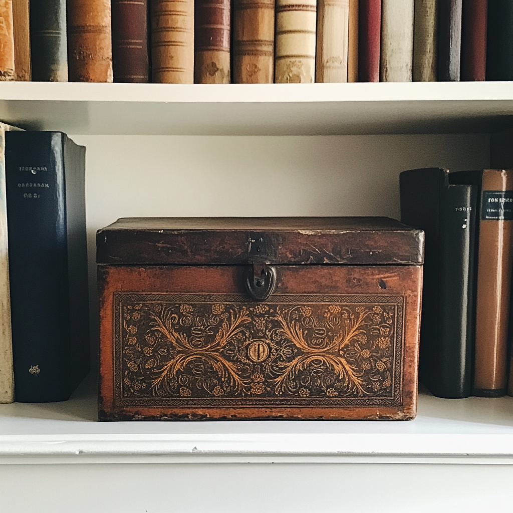 A wooden box on a bookshelf | Source: Midjourney