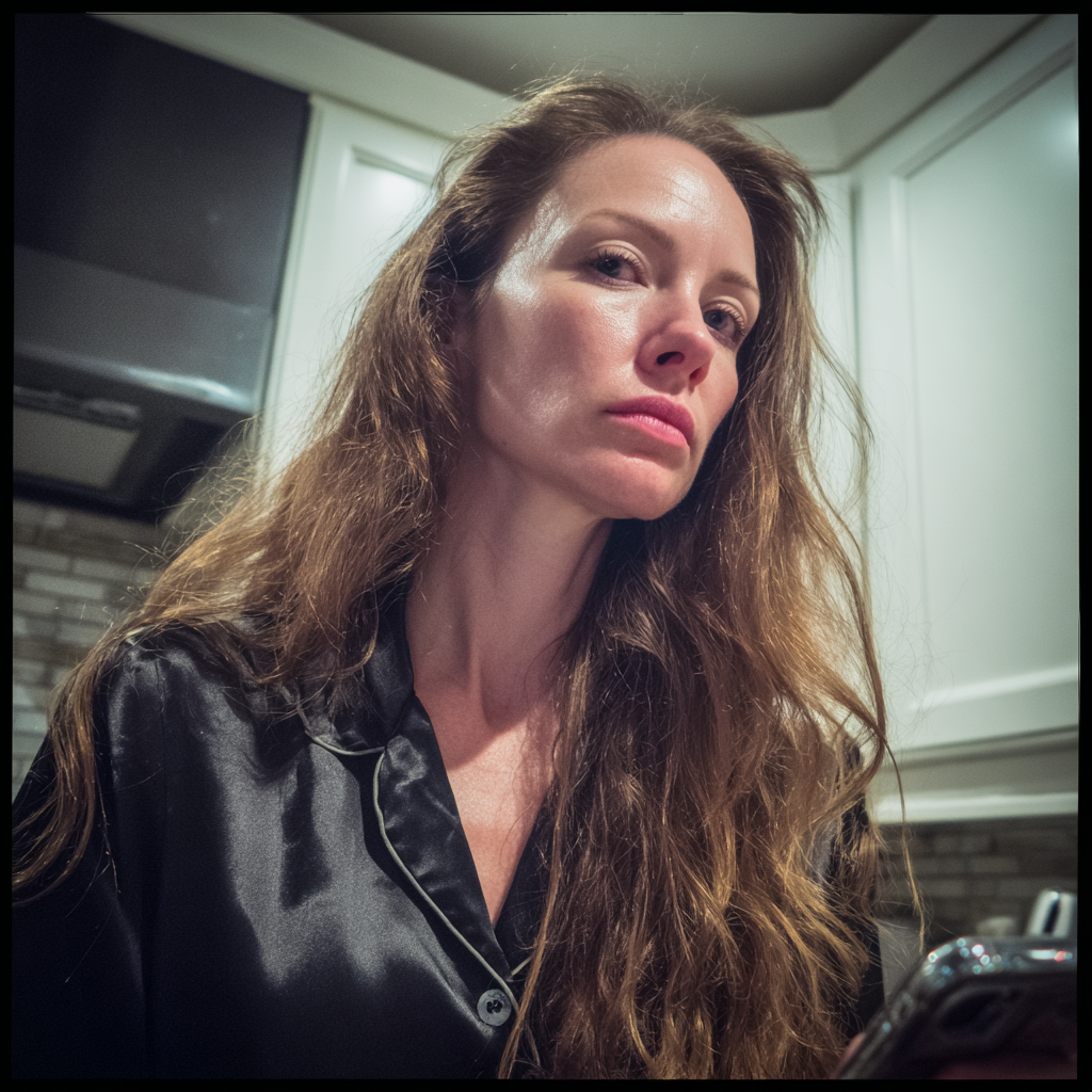 A woman wearing pajamas and standing in a kitchen | Source: Midjourney