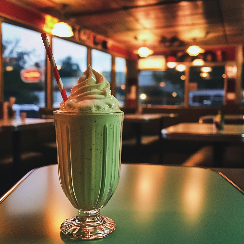 A lime milkshake on a diner table | Source: Midjourney