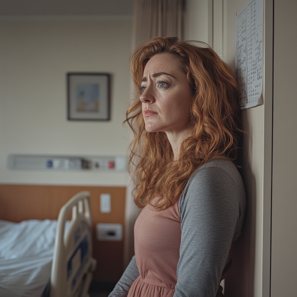 An extremely hurt woman standing in a hospital room | Source: Midjourney