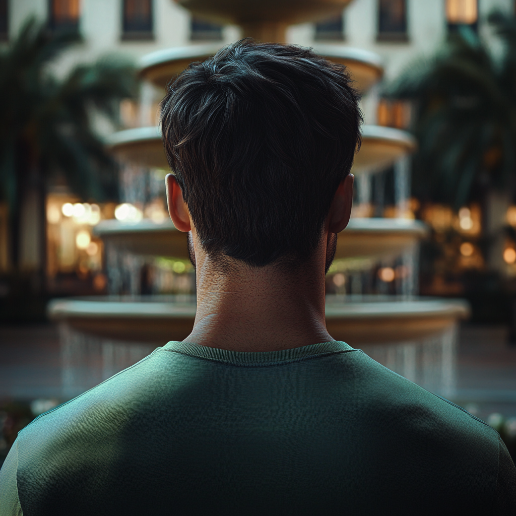 A man standing before a fountain | Source: Midjourney