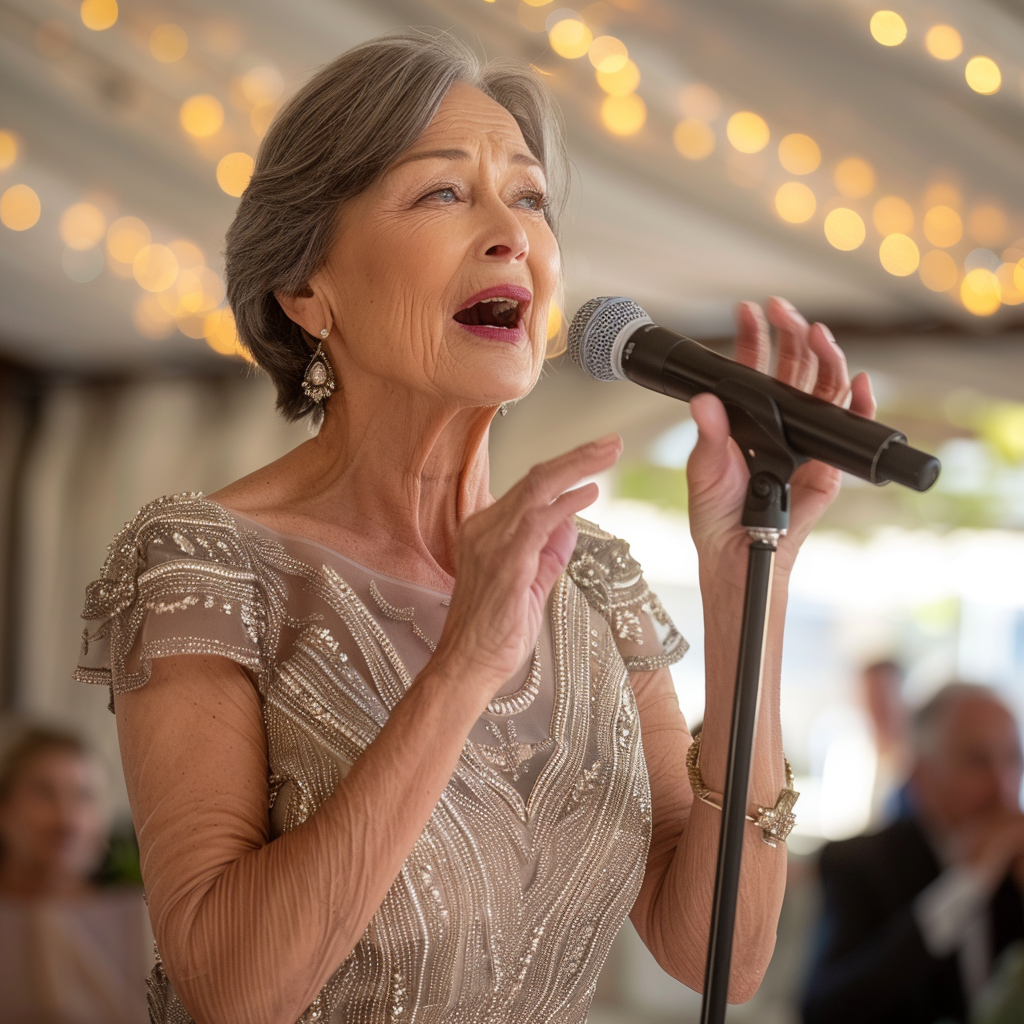 An older woman standing with a microphone | Source: Midjourney