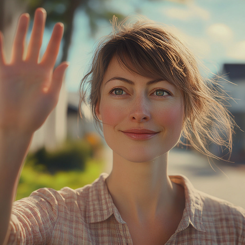 A woman waving at her neighbor | Source: Midjourney