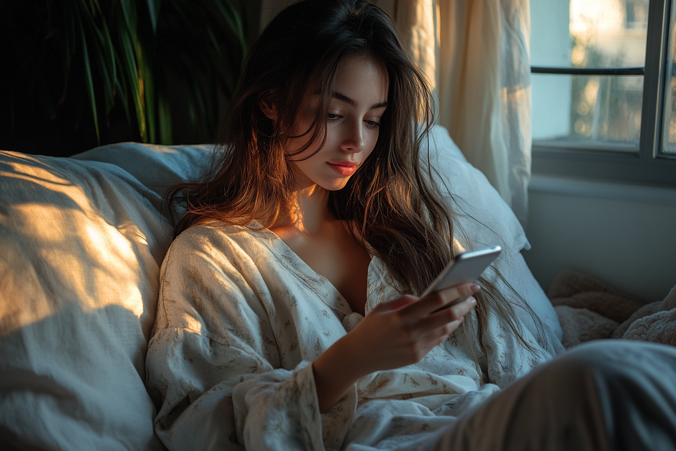 Une femme en pyjama confortable, assise dans son lit, fait défiler les images de son téléphone avec une expression concentrée | Source : Midjourney