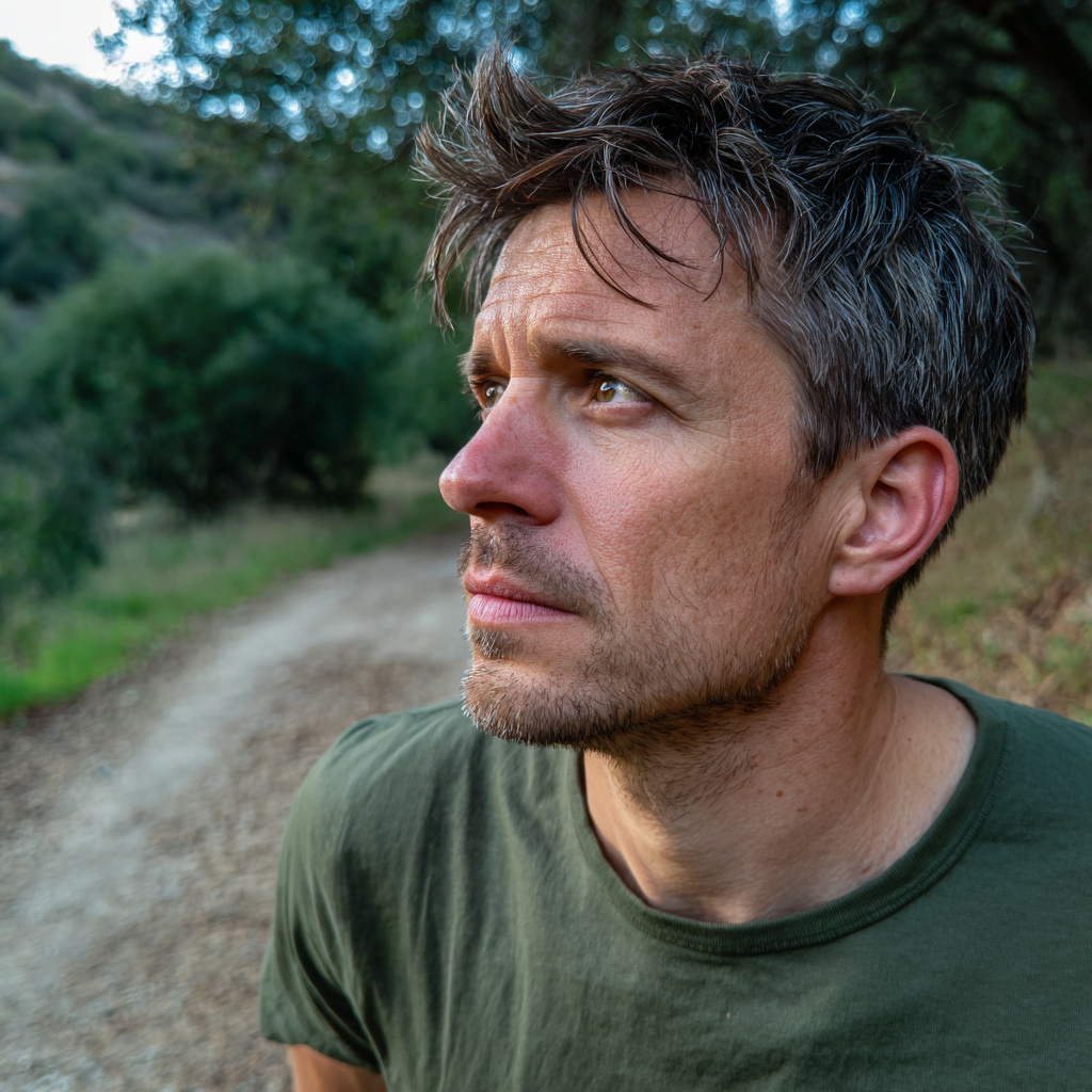 A pensive man wearing a green t-shirt | Source: Midjourney