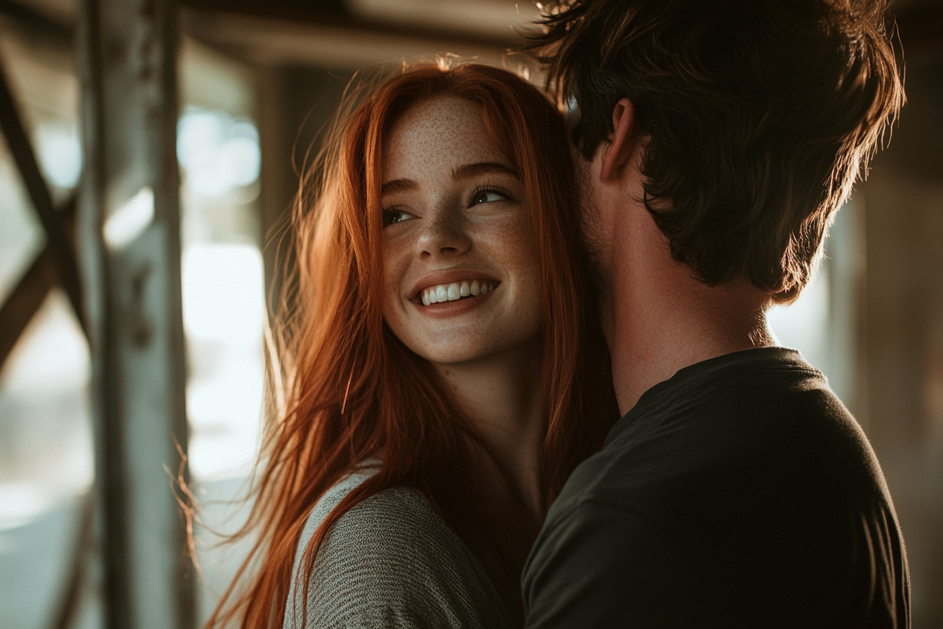 A couple hugging and laughing inside a house still under construction | Source: Midjourney