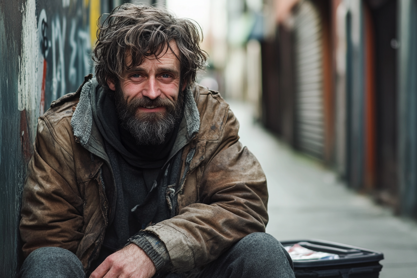 A homeless man smiling with gratitude | Source: Midjourney