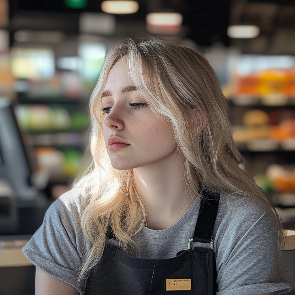 A cashier in a grocery store | Source: Midjourney