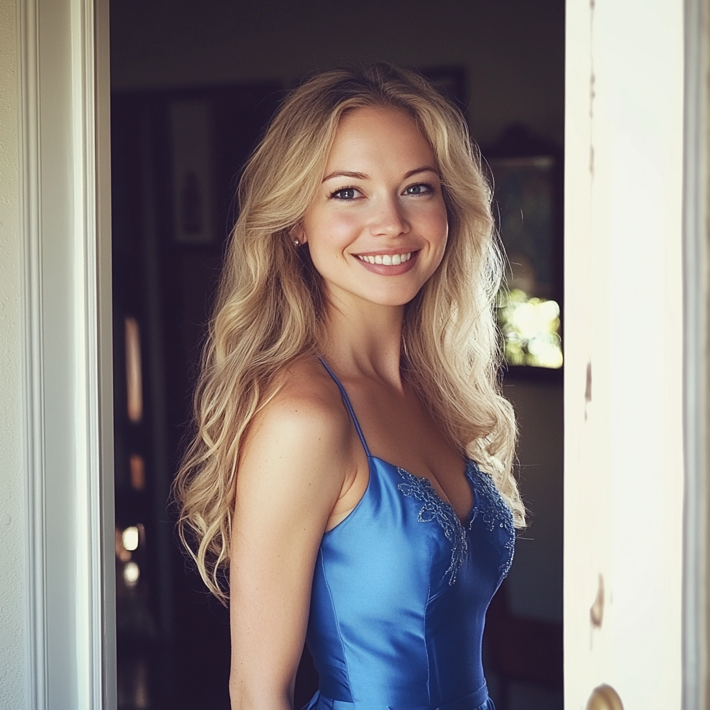 A smiling woman standing in a doorway | Source: Midjourney