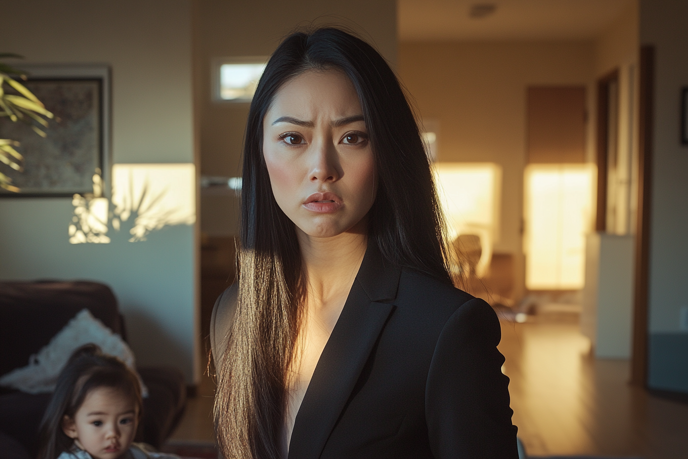 A worried woman in business attire standing in the living room while a young girl plays in the background | Source: Midjourney