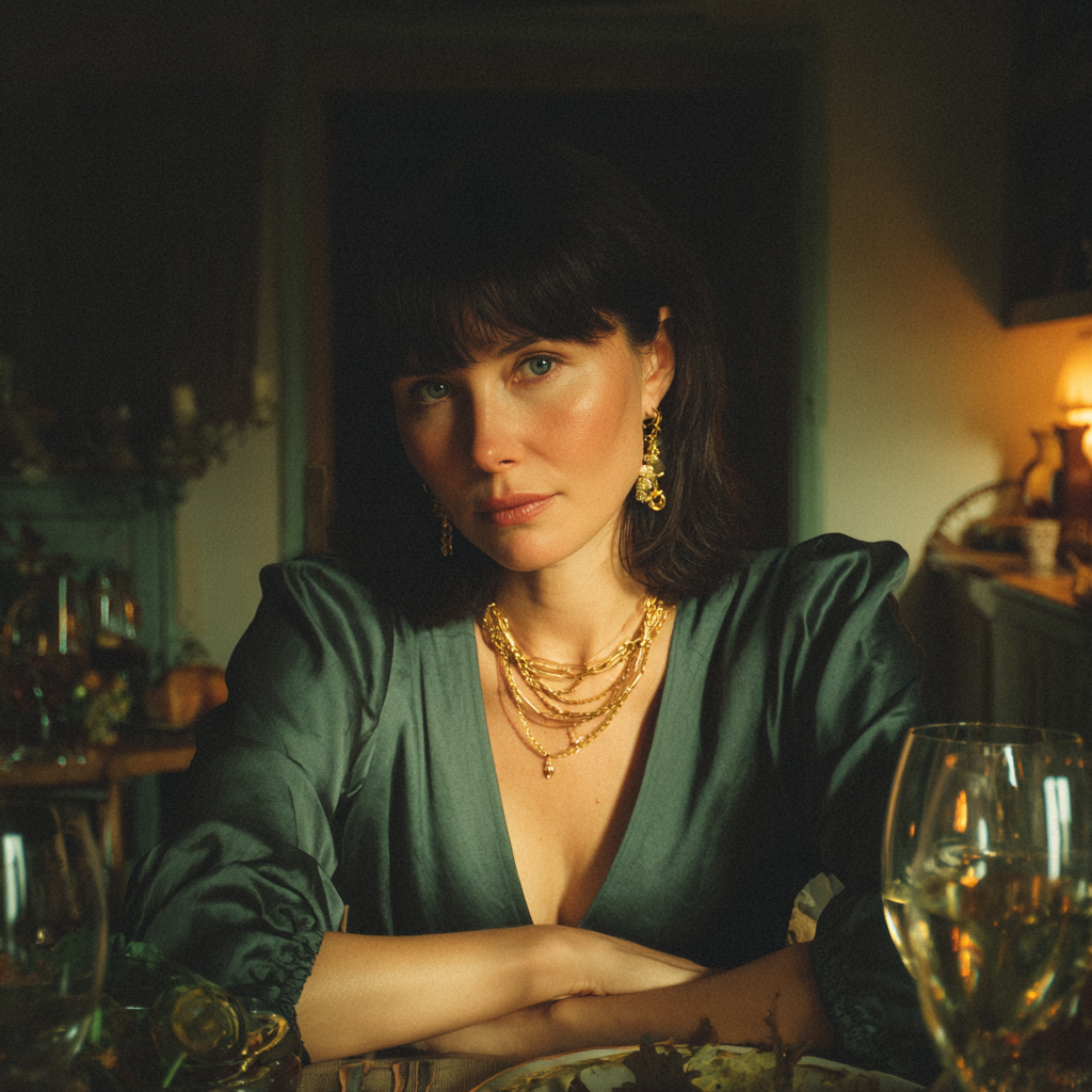 A pensive woman wearing a dark green blouse | Source: Midjourney