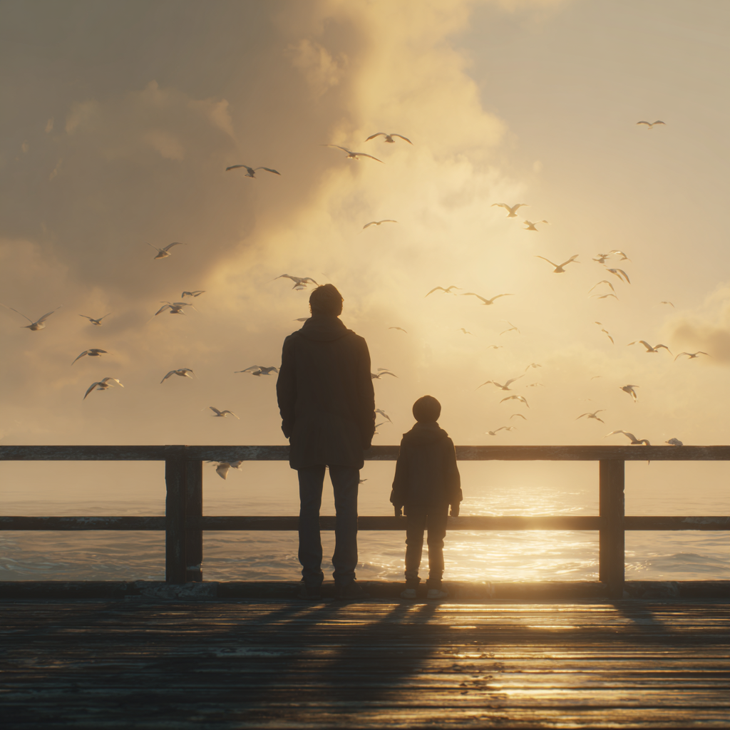 A man and a little boy standing on a pier and watching the ocean | Source: Midjourney