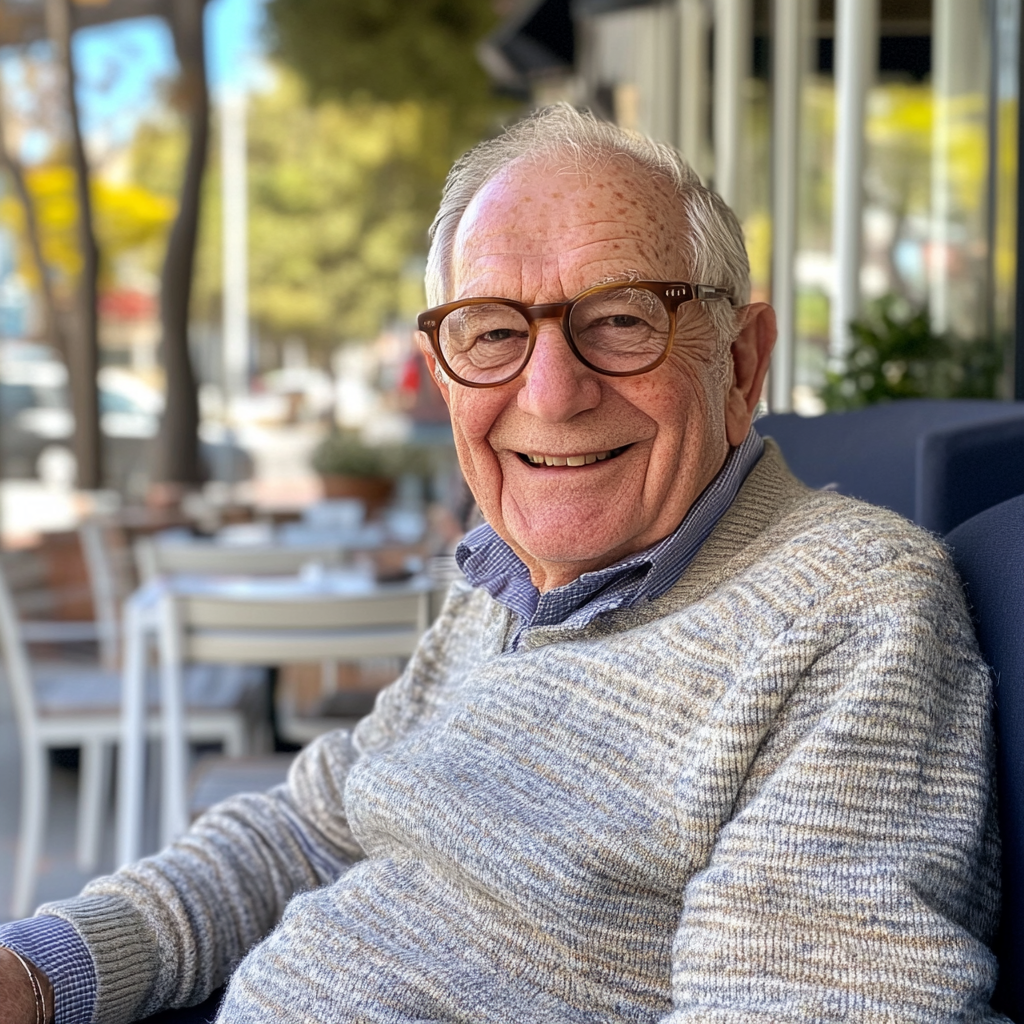 An old man sitting outside a coffee shop | Source: Midjourney