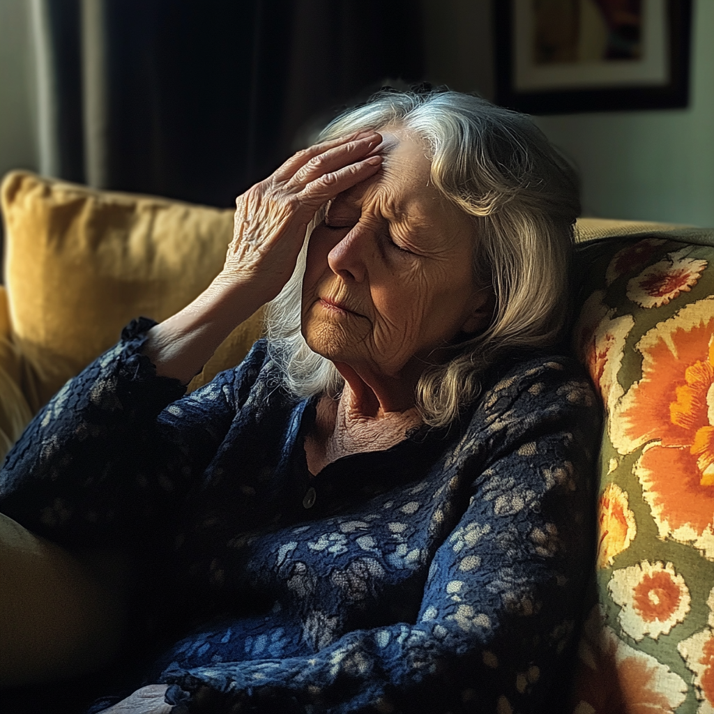 An elderly woman holding her head | Source: Midjourney