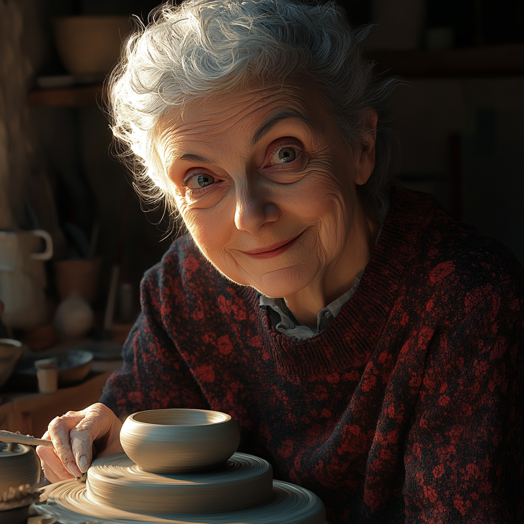 A delighted older woman making a clay pot | Source: Midjourney