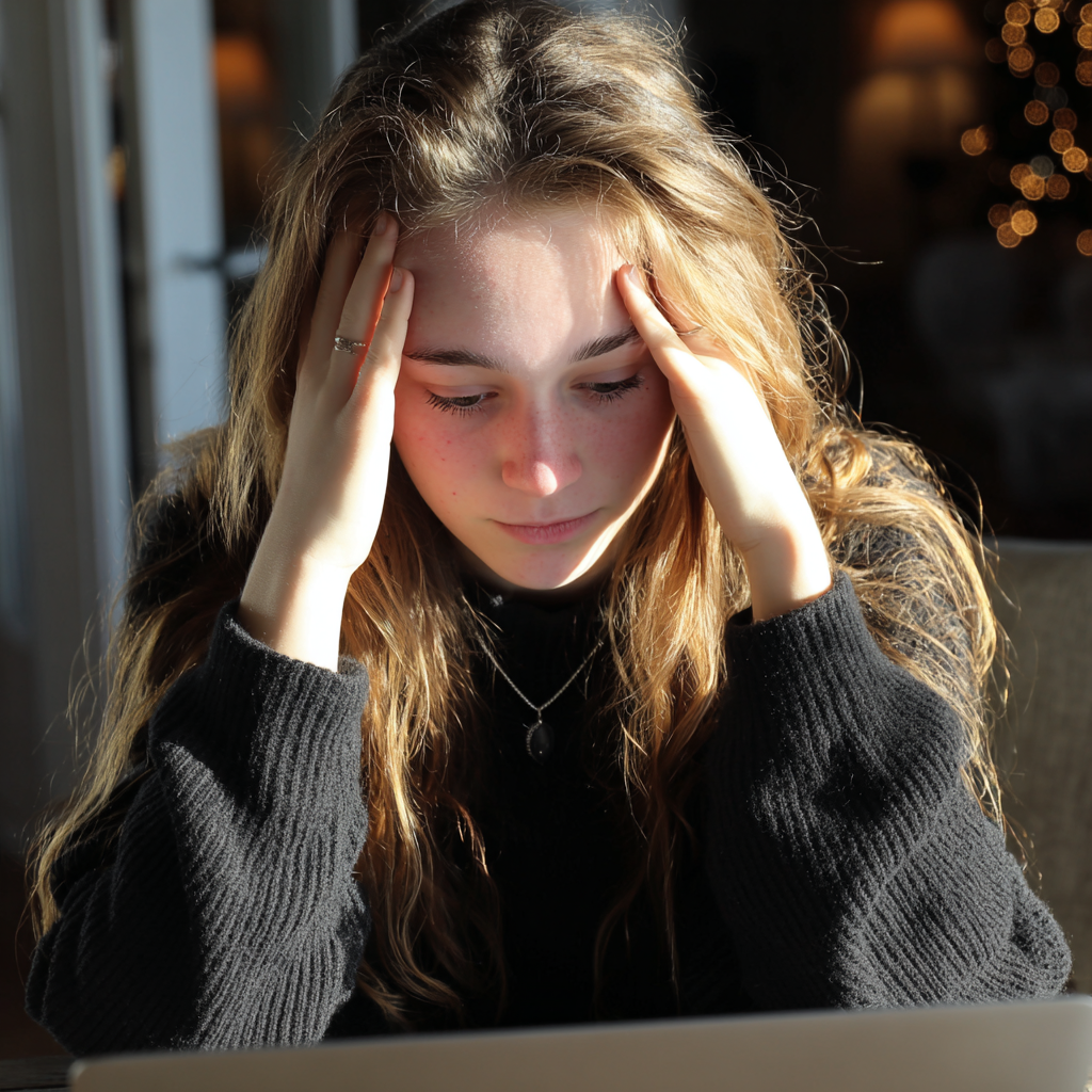 An upset teenage girl wearing a black sweater | Source: Midjourney