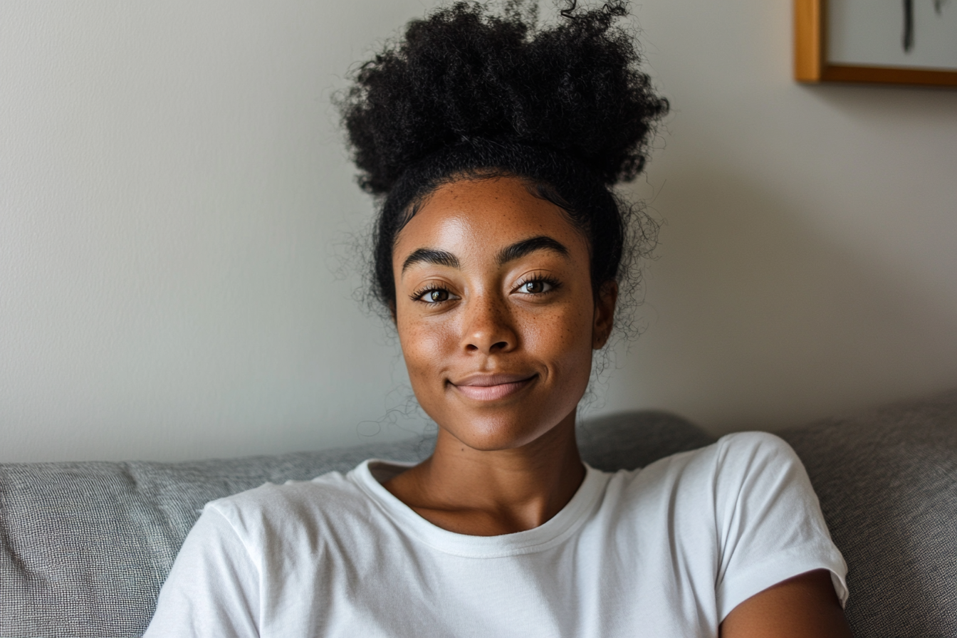 A woman smiling on a couch in an apartment | Source: Midjourney