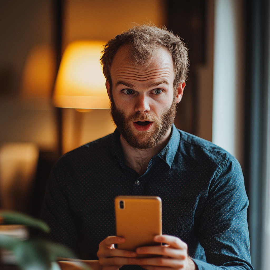 A surprised man looking at his phone | Source: Midjourney