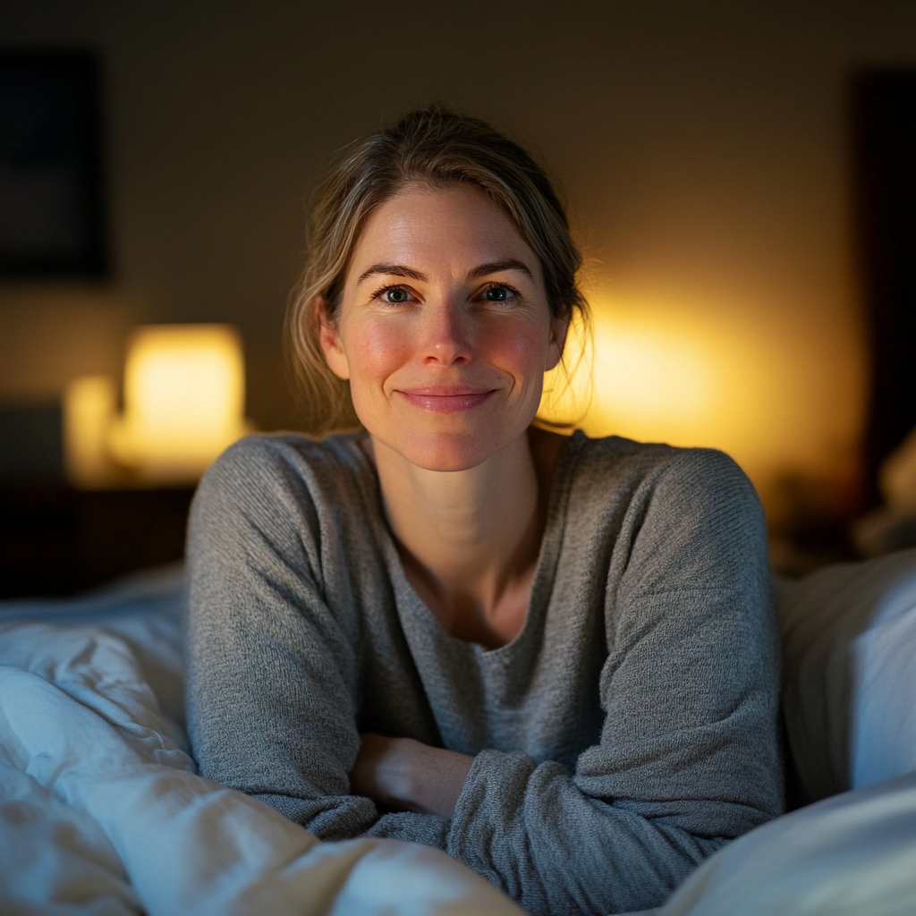 A woman forcing a smile while sitting in her bed at night | Source: Midjourney