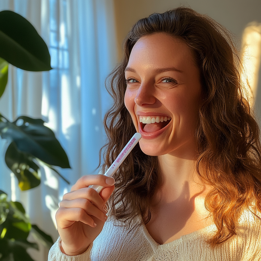 A woman holding a pregnancy test | Source: Midjourney