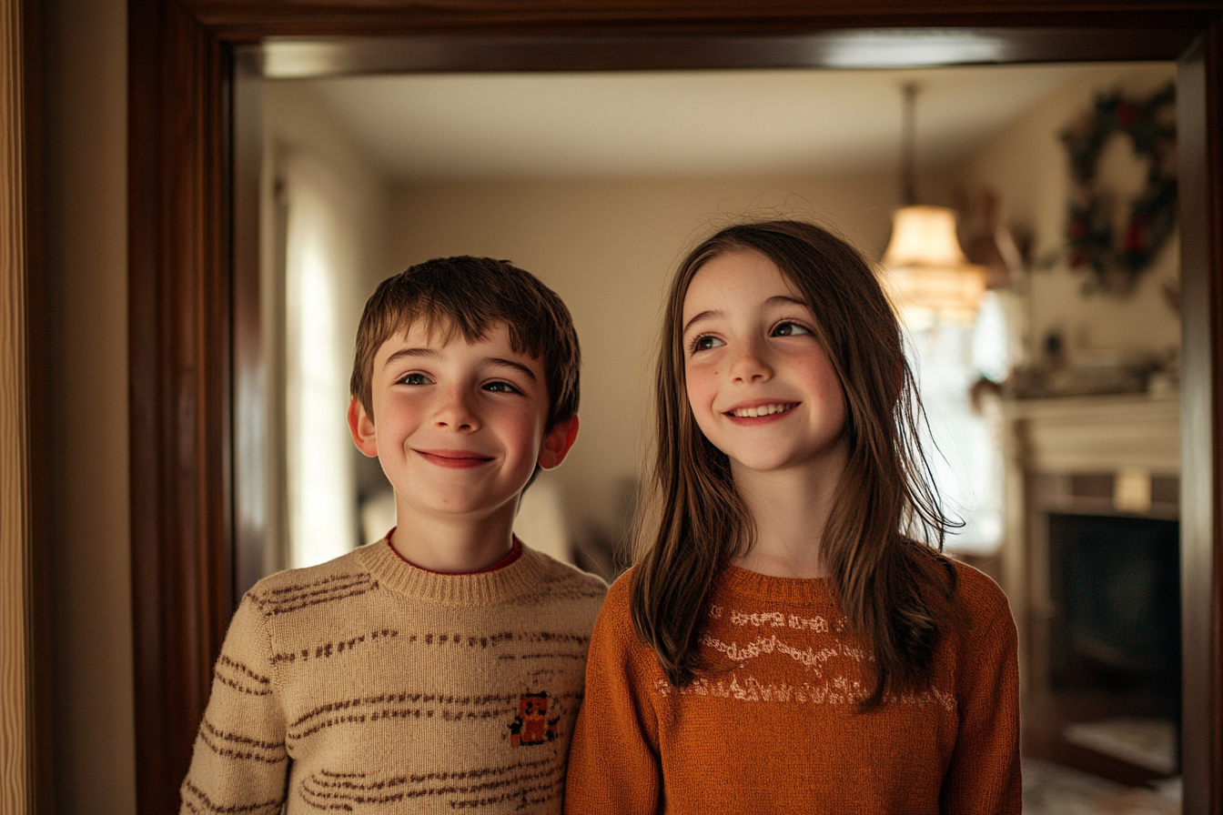 Two kids smiling happily in a living room | Source: Midjourney