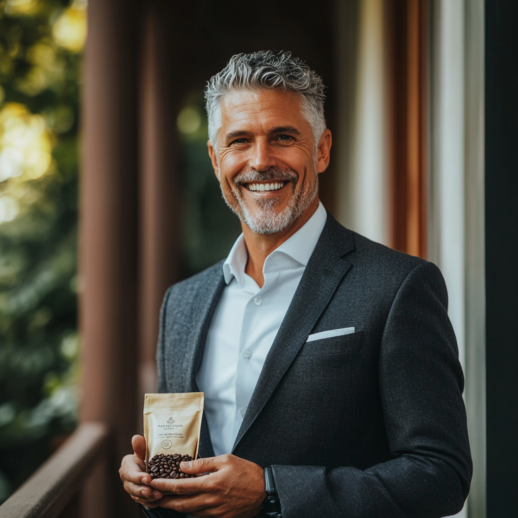 A middle aged man with a bag of coffee | Source: Midjourney