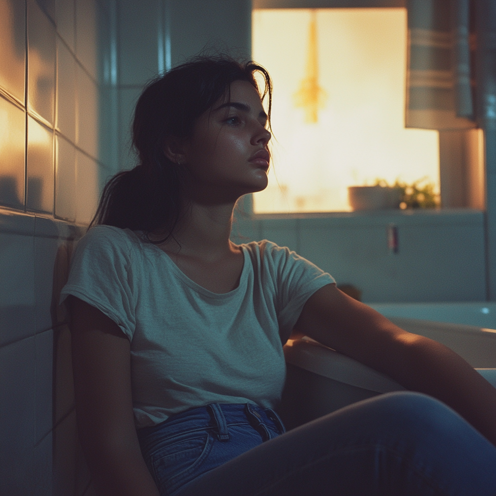 A tired woman sitting near a bathtub | Source: Midjourney