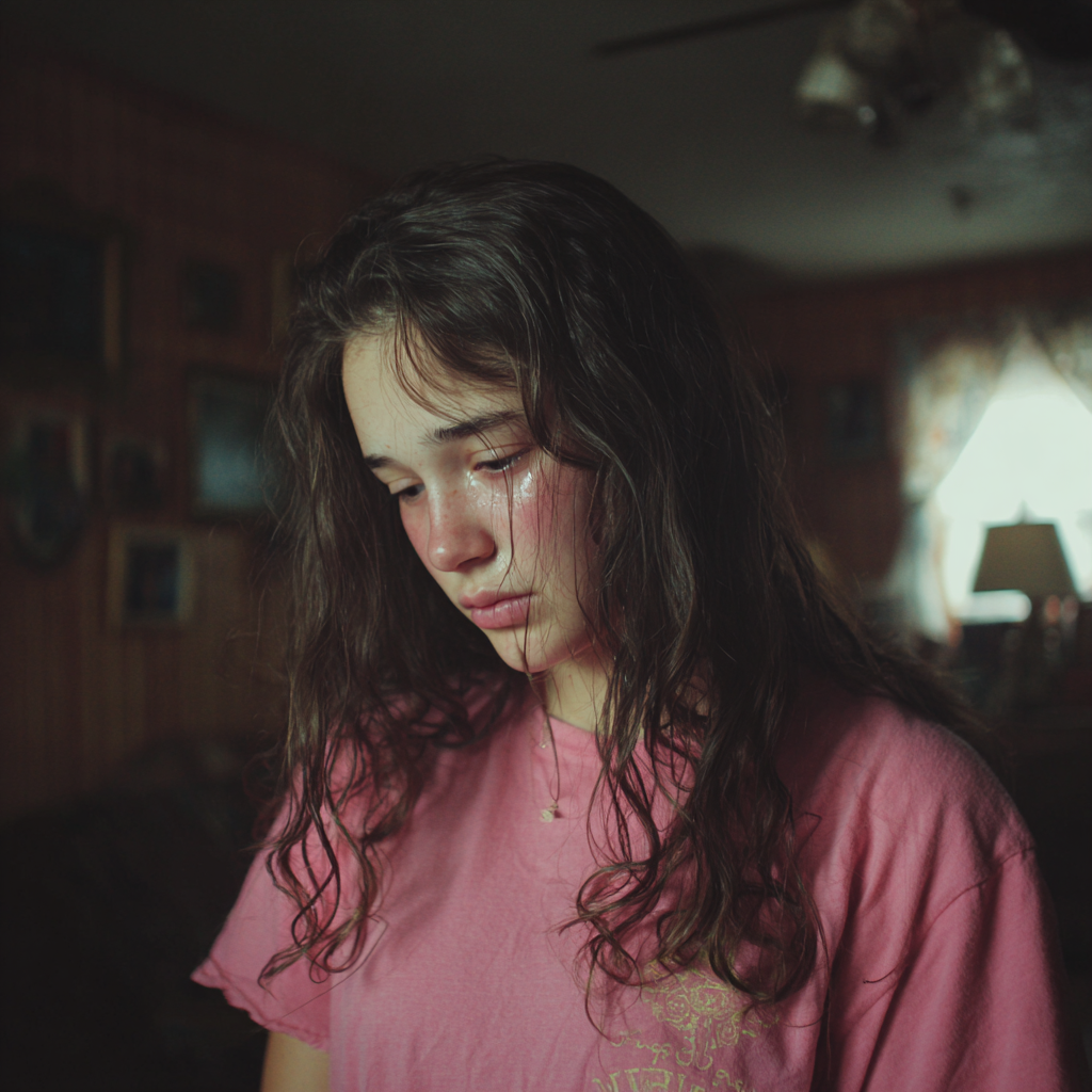 An emotional girl standing in a living room | Source: Midjourney