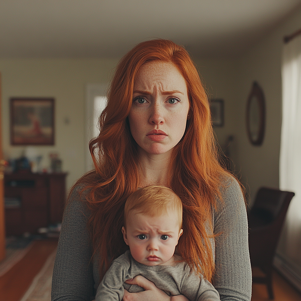 An upset woman holding a baby | Source: Midjourney