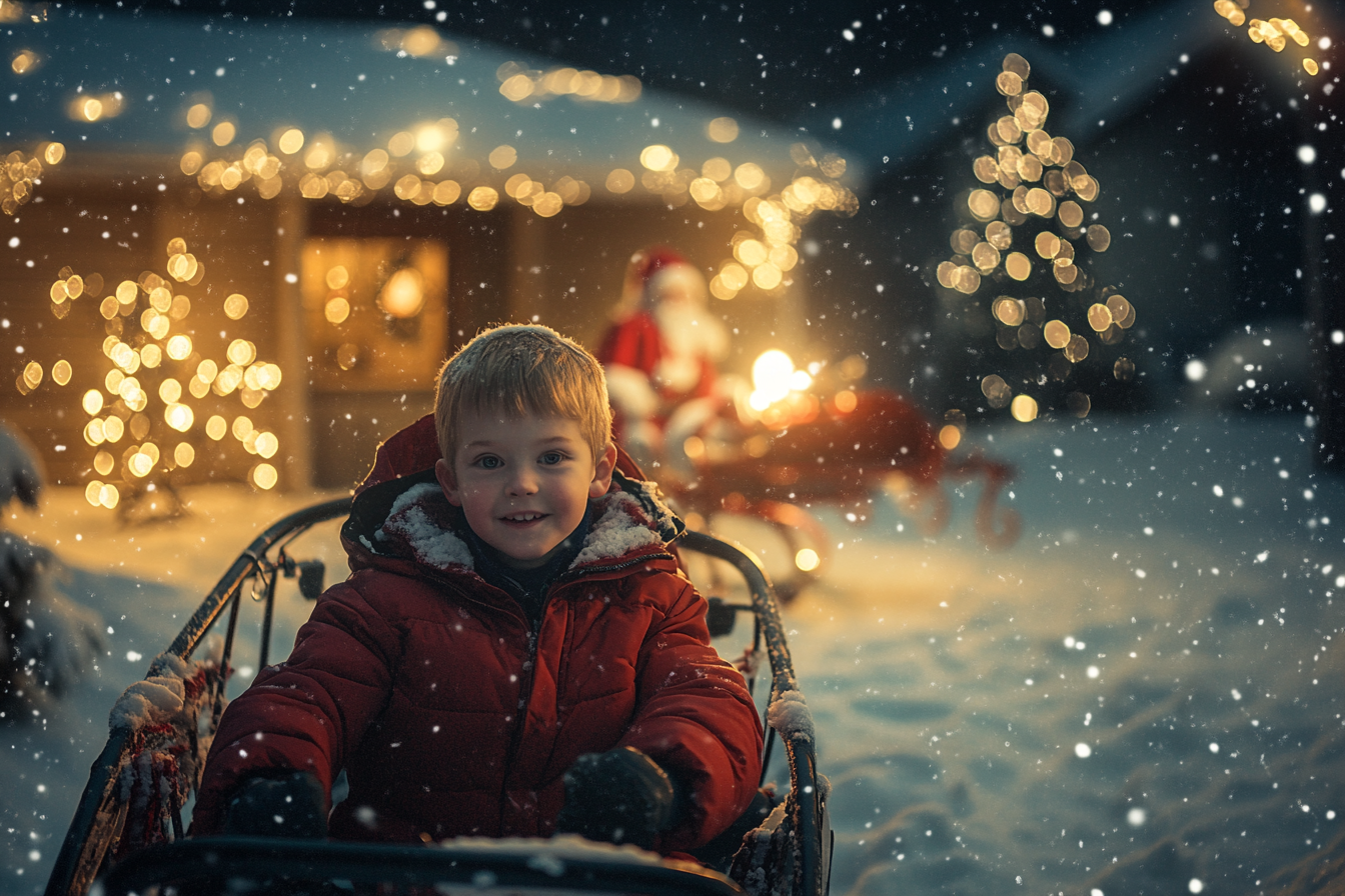 A boy rides a sleigh through a snowy yard | Source: Midjourney