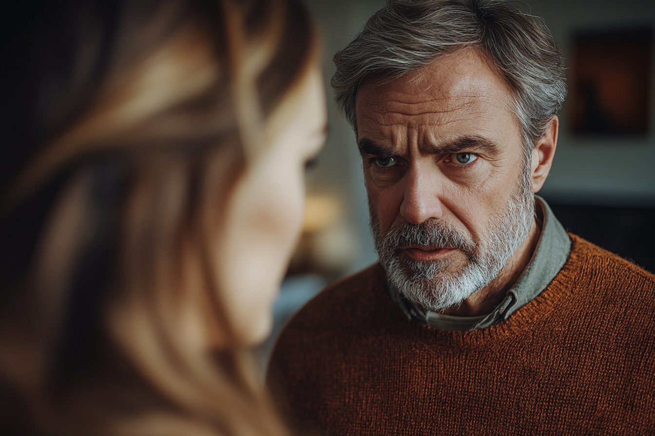 An angry man standing in the living room, shouting at his wife | Source: Midjourney