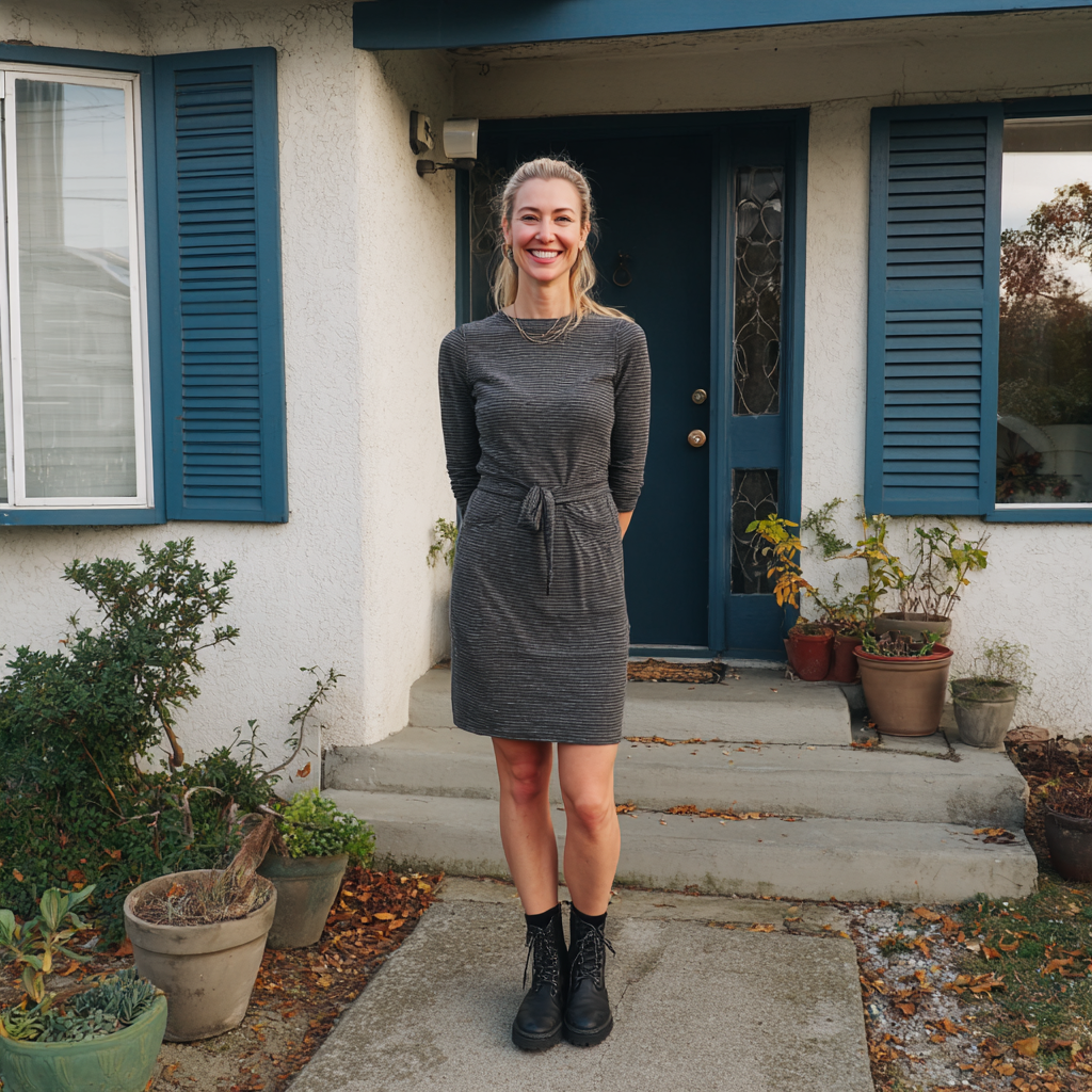A smiling woman standing outside a house | Source: Midjourney