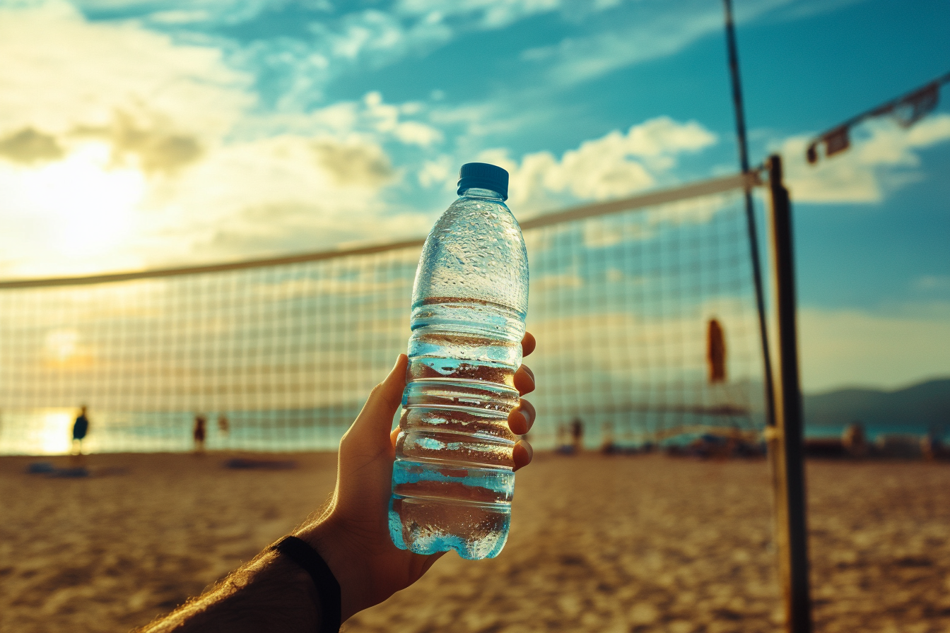 Man offering a water bottle at a volleyball court on the beach | Source: Midjourney