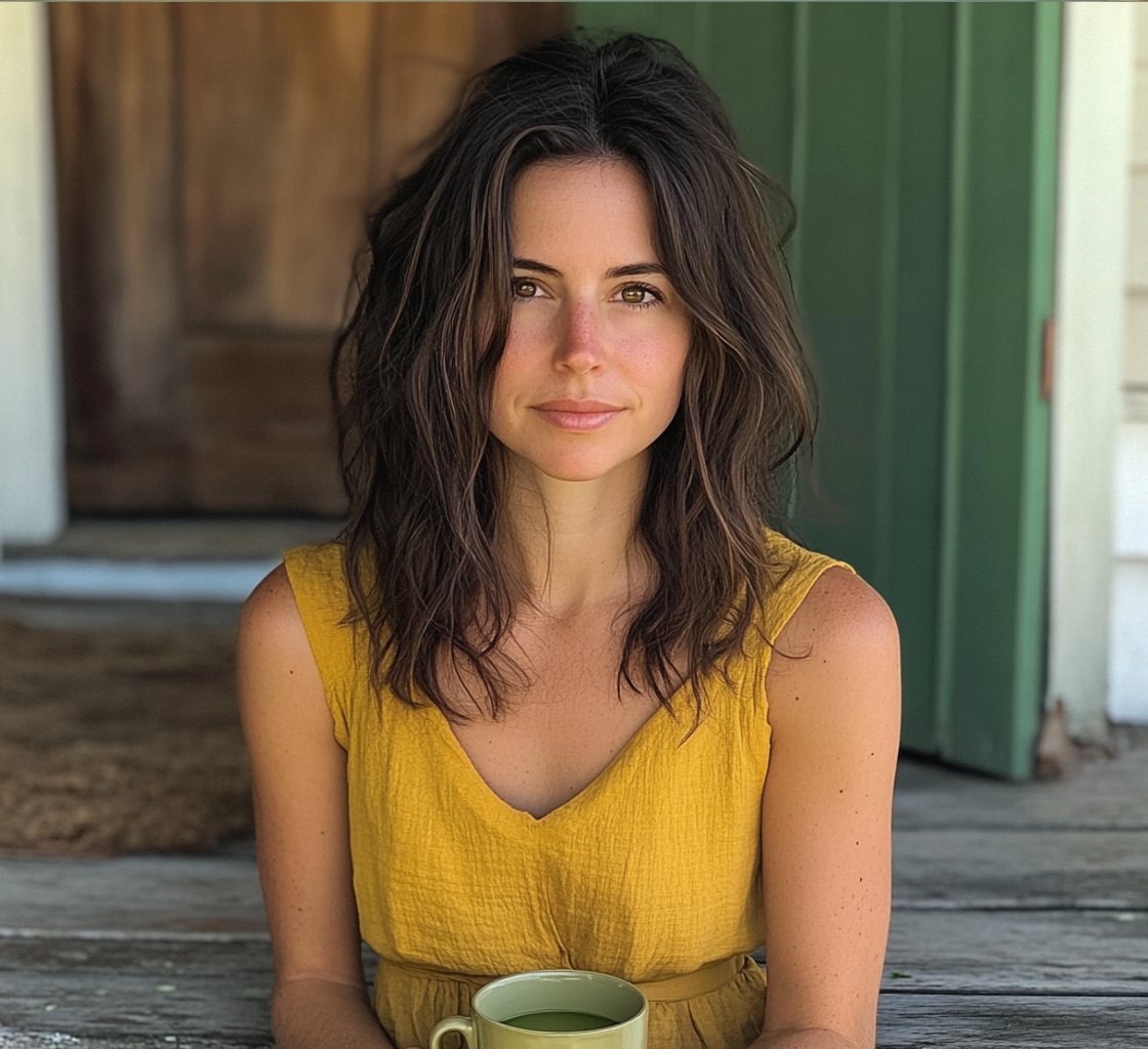 A woman sitting on a porch step | Source: Midjourney