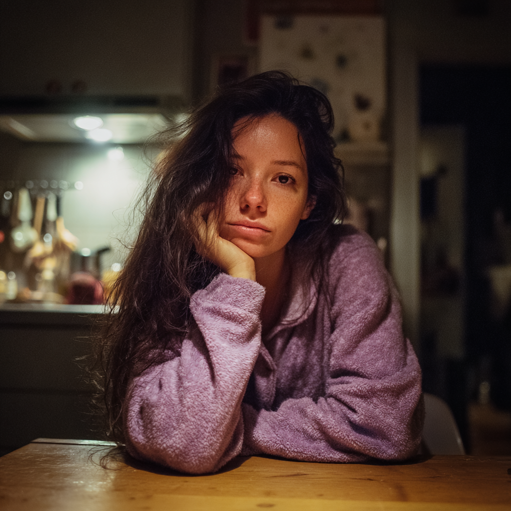 An emotional woman sitting at a kitchen table | Source: Midjourney