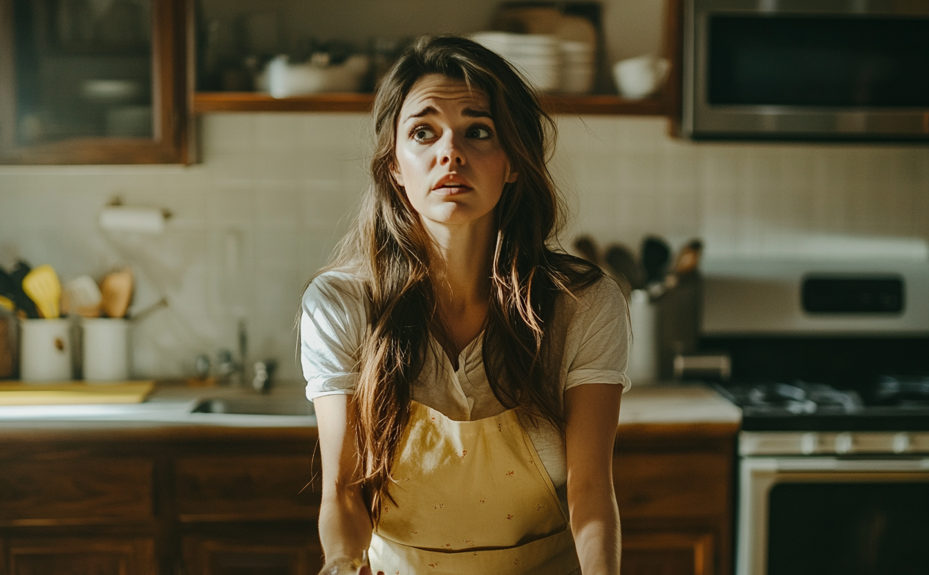 A woman with an apron in the kitchen, looking confused | Source: Midjourney